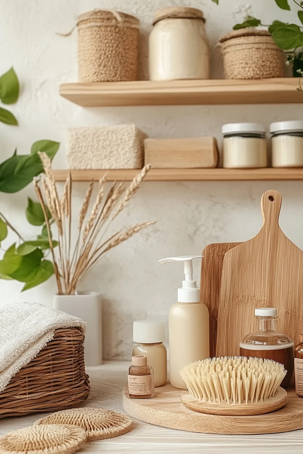A beautifully arranged eco-friendly bathroom setup with natural skincare products, wooden accessories, and woven baskets.