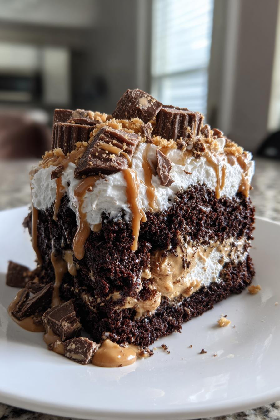 chocolate peanut butter poke cake - detail 1