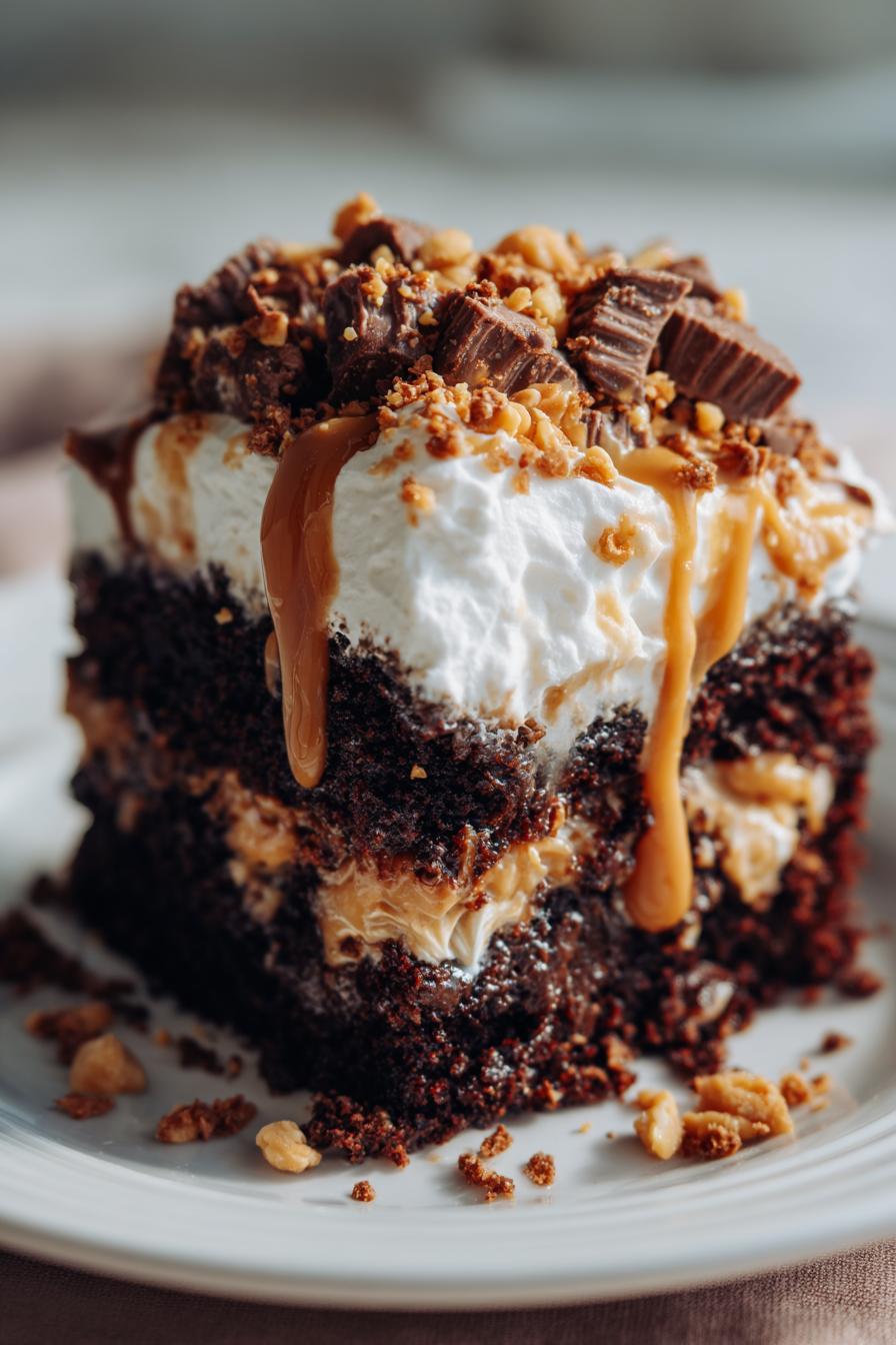 chocolate peanut butter poke cake - detail 2